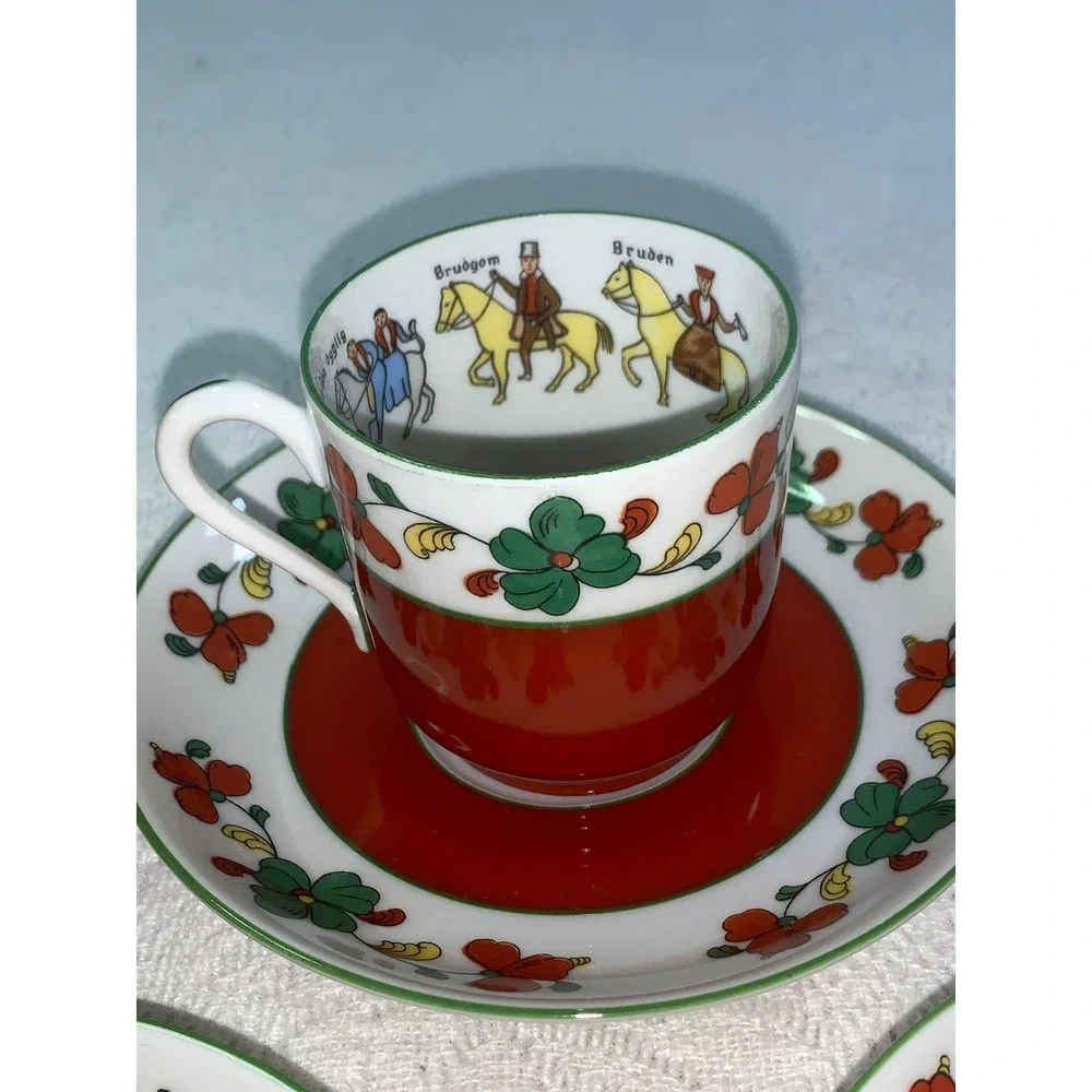 Vintage Noreg Norway Wedding Procession Porcelain Demitasse Set 12pc Red Floral